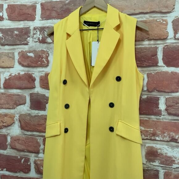 Zara Woman Blazer Medium Yellow Button Accent Open Front Long Jacket - Picture 3 of 9
